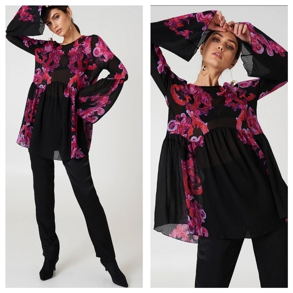 Free People Printed Symphony Smock Dress Sz S/P Black Red Floral Sheer Bohemian - Picture 12 of 12